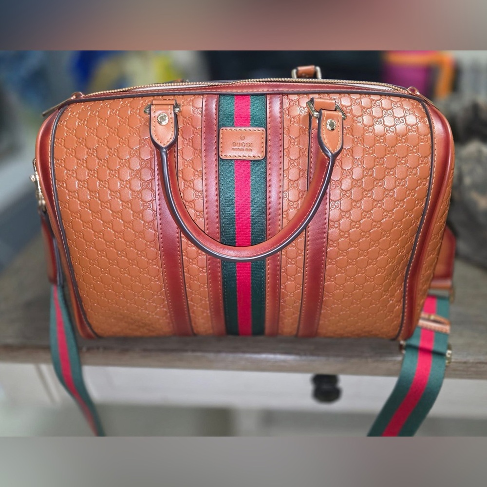 Brown Leather Boston Bag with Red and Green Stripes